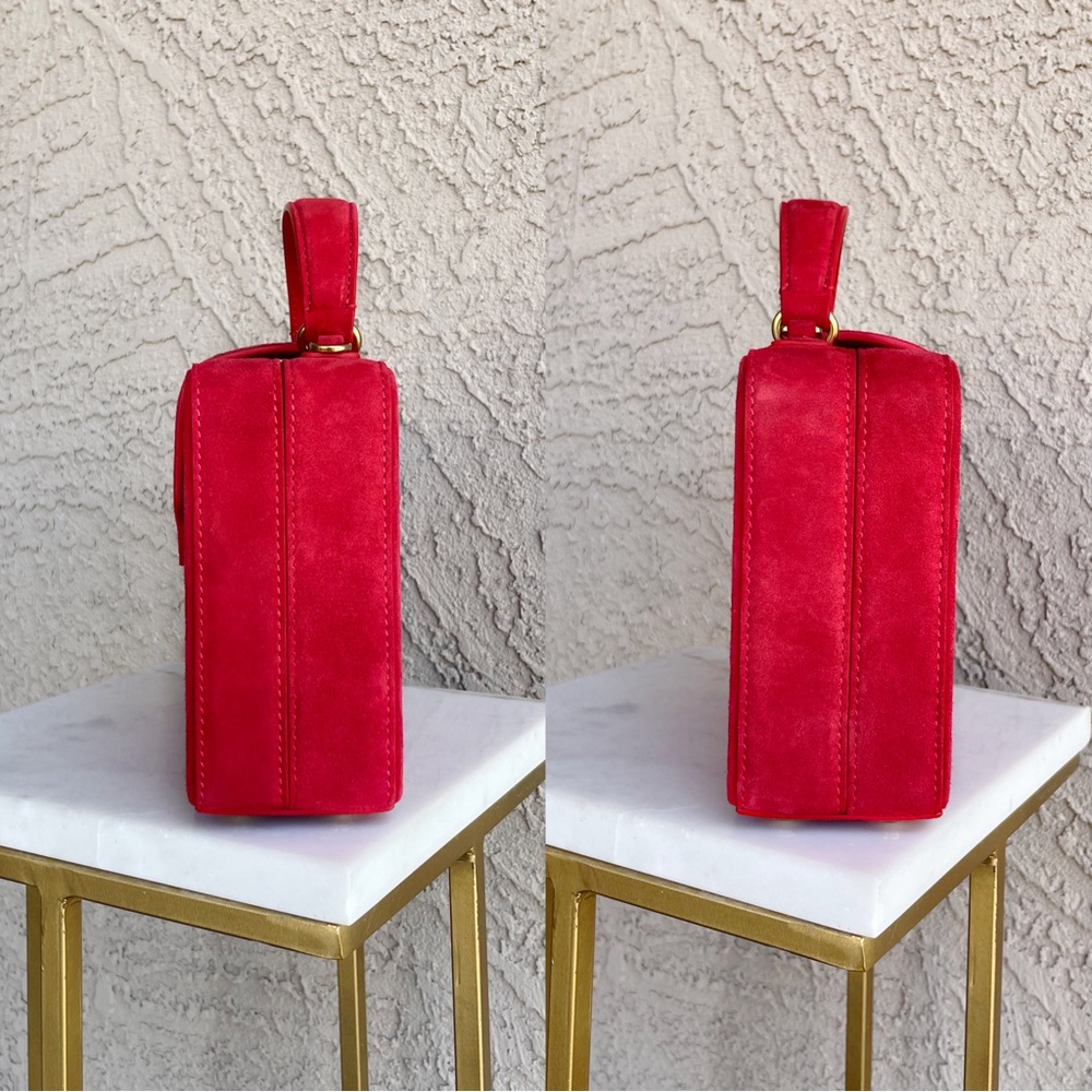 MEHRY MU Red Suede Fey Box Bag Classic Stitched Top Handle Crossbody Bag - Picture 4 of 15